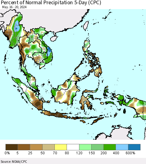 South East Asia Percent of Normal Precipitation 5-Day (CPC) Thematic Map For 5/16/2024 - 5/20/2024