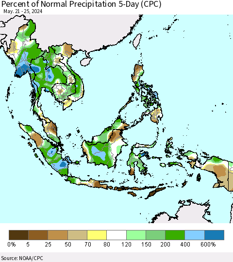 South East Asia Percent of Normal Precipitation 5-Day (CPC) Thematic Map For 5/21/2024 - 5/25/2024