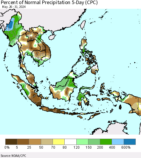 South East Asia Percent of Normal Precipitation 5-Day (CPC) Thematic Map For 5/26/2024 - 5/31/2024