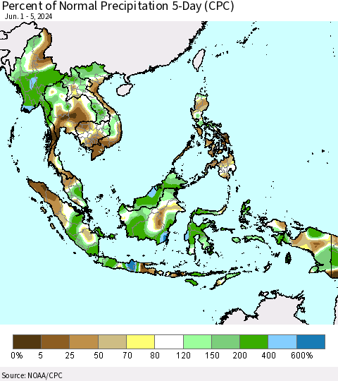 South East Asia Percent of Normal Precipitation 5-Day (CPC) Thematic Map For 6/1/2024 - 6/5/2024