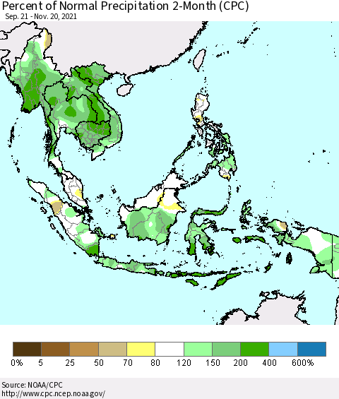 South East Asia Percent of Normal Precipitation 2-Month (CPC) Thematic Map For 9/21/2021 - 11/20/2021