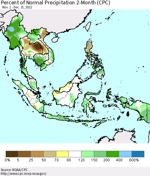 South East Asia Percent of Normal Precipitation 2-Month (CPC) Thematic Map For 11/1/2021 - 12/31/2021