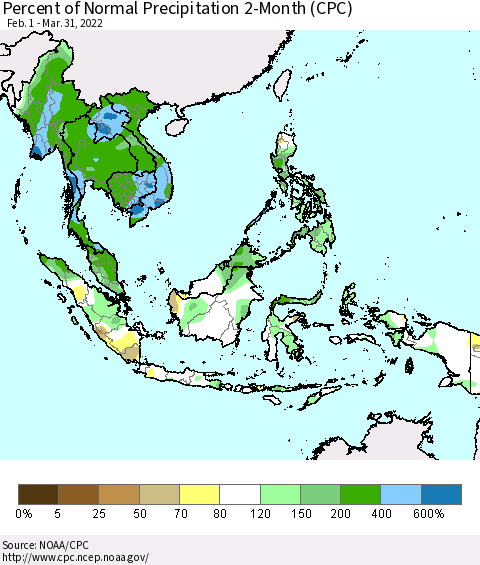 South East Asia Percent of Normal Precipitation 2-Month (CPC) Thematic Map For 2/1/2022 - 3/31/2022