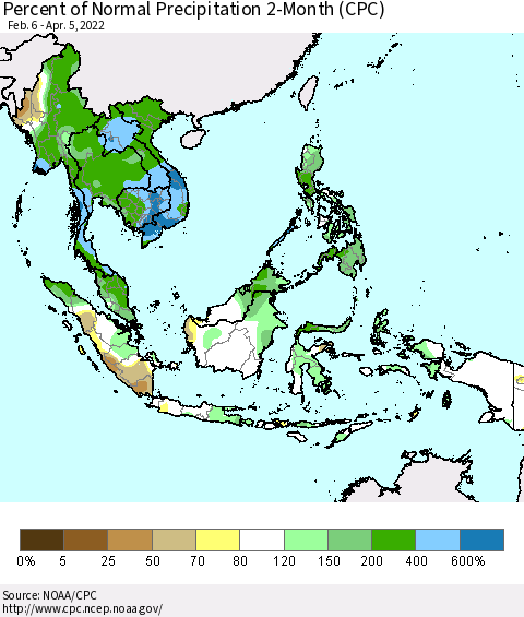 South East Asia Percent of Normal Precipitation 2-Month (CPC) Thematic Map For 2/6/2022 - 4/5/2022