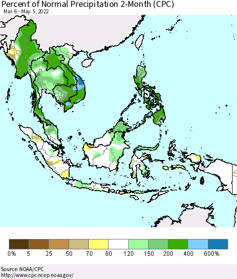 South East Asia Percent of Normal Precipitation 2-Month (CPC) Thematic Map For 3/6/2022 - 5/5/2022