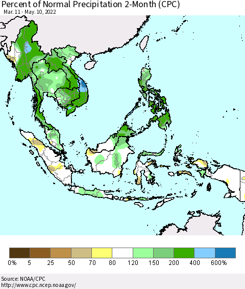 South East Asia Percent of Normal Precipitation 2-Month (CPC) Thematic Map For 3/11/2022 - 5/10/2022