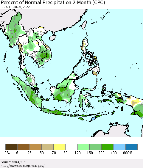 South East Asia Percent of Normal Precipitation 2-Month (CPC) Thematic Map For 6/1/2022 - 7/31/2022