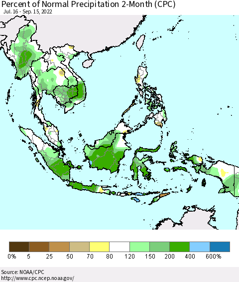South East Asia Percent of Normal Precipitation 2-Month (CPC) Thematic Map For 7/16/2022 - 9/15/2022