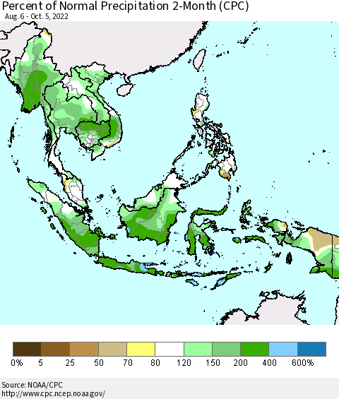 South East Asia Percent of Normal Precipitation 2-Month (CPC) Thematic Map For 8/6/2022 - 10/5/2022
