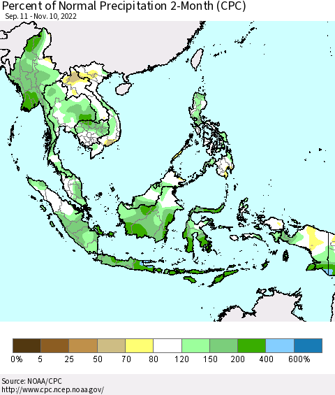 South East Asia Percent of Normal Precipitation 2-Month (CPC) Thematic Map For 9/11/2022 - 11/10/2022