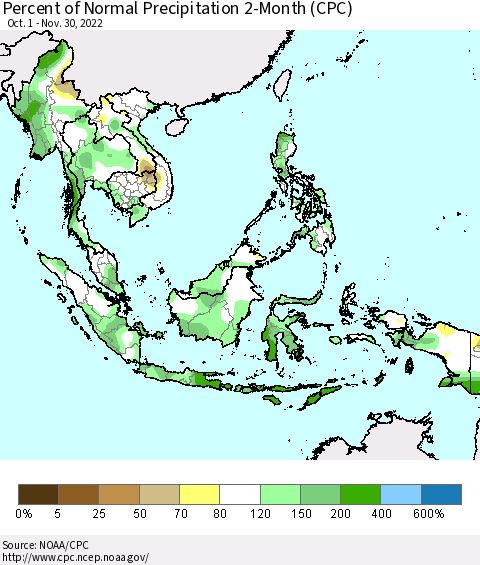South East Asia Percent of Normal Precipitation 2-Month (CPC) Thematic Map For 10/1/2022 - 11/30/2022
