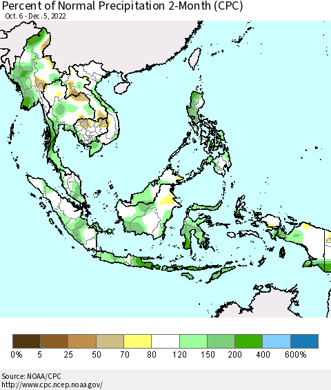 South East Asia Percent of Normal Precipitation 2-Month (CPC) Thematic Map For 10/6/2022 - 12/5/2022