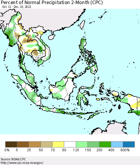 South East Asia Percent of Normal Precipitation 2-Month (CPC) Thematic Map For 10/11/2022 - 12/10/2022