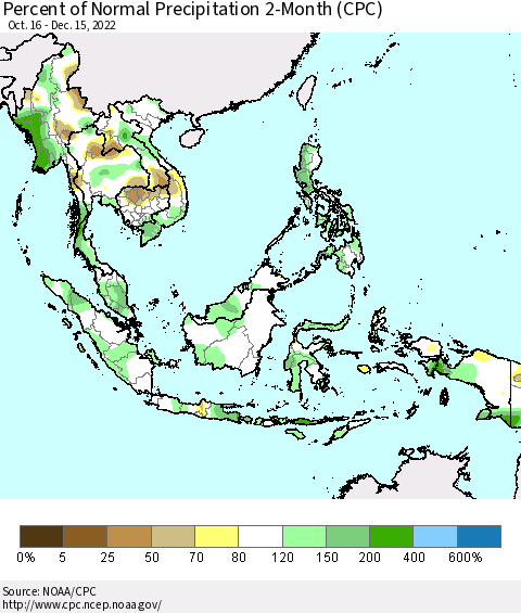 South East Asia Percent of Normal Precipitation 2-Month (CPC) Thematic Map For 10/16/2022 - 12/15/2022