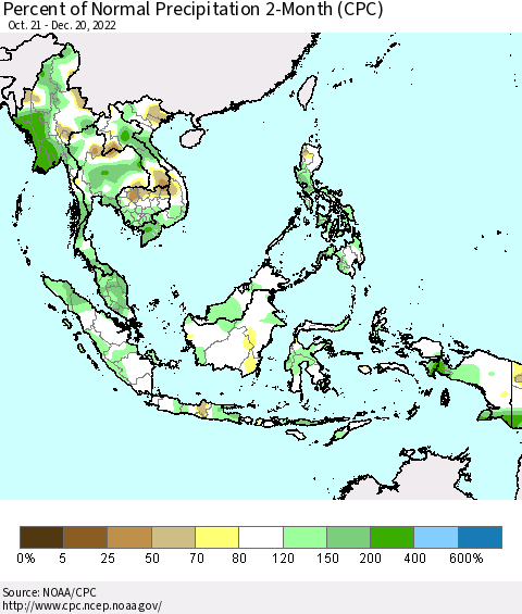 South East Asia Percent of Normal Precipitation 2-Month (CPC) Thematic Map For 10/21/2022 - 12/20/2022