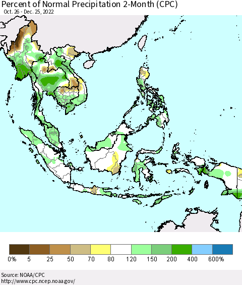 South East Asia Percent of Normal Precipitation 2-Month (CPC) Thematic Map For 10/26/2022 - 12/25/2022