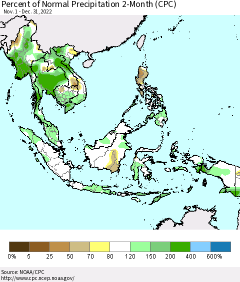 South East Asia Percent of Normal Precipitation 2-Month (CPC) Thematic Map For 11/1/2022 - 12/31/2022