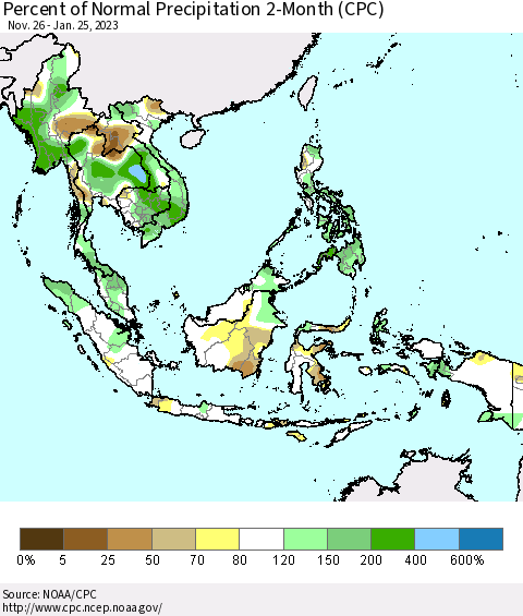 South East Asia Percent of Normal Precipitation 2-Month (CPC) Thematic Map For 11/26/2022 - 1/25/2023