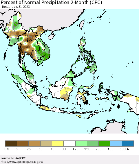South East Asia Percent of Normal Precipitation 2-Month (CPC) Thematic Map For 12/1/2022 - 1/31/2023