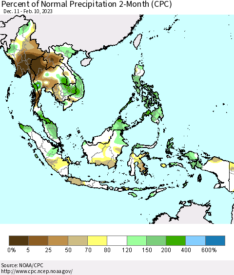 South East Asia Percent of Normal Precipitation 2-Month (CPC) Thematic Map For 12/11/2022 - 2/10/2023