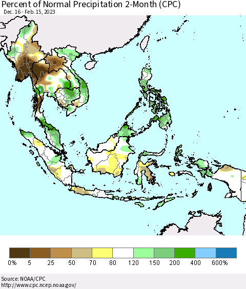 South East Asia Percent of Normal Precipitation 2-Month (CPC) Thematic Map For 12/16/2022 - 2/15/2023