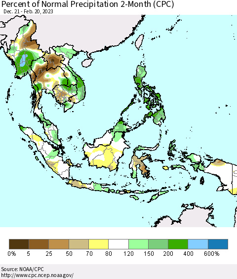 South East Asia Percent of Normal Precipitation 2-Month (CPC) Thematic Map For 12/21/2022 - 2/20/2023
