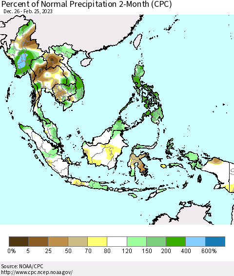 South East Asia Percent of Normal Precipitation 2-Month (CPC) Thematic Map For 12/26/2022 - 2/25/2023