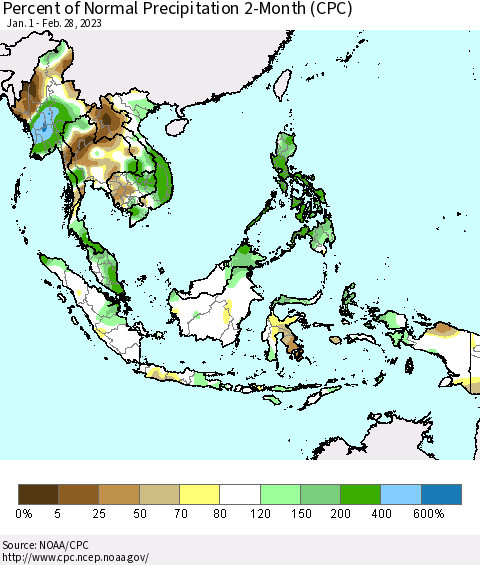South East Asia Percent of Normal Precipitation 2-Month (CPC) Thematic Map For 1/1/2023 - 2/28/2023