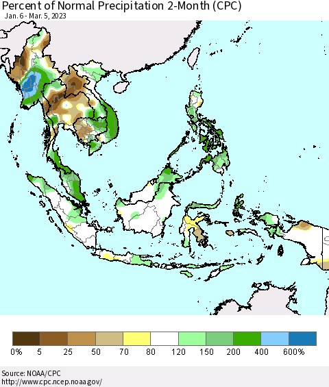 South East Asia Percent of Normal Precipitation 2-Month (CPC) Thematic Map For 1/6/2023 - 3/5/2023