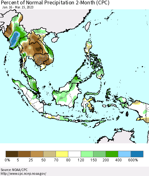 South East Asia Percent of Normal Precipitation 2-Month (CPC) Thematic Map For 1/16/2023 - 3/15/2023