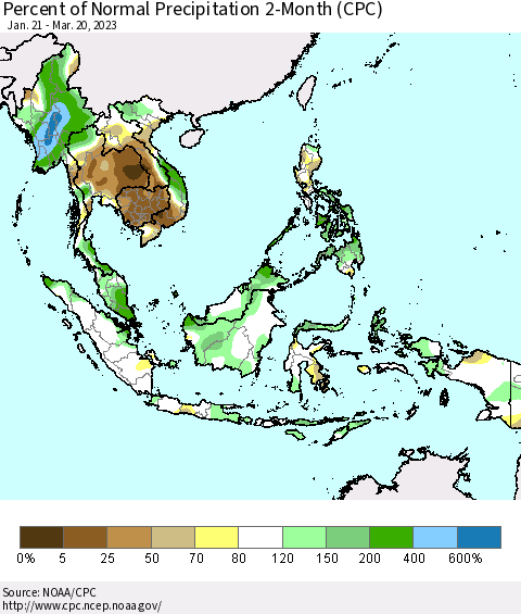 South East Asia Percent of Normal Precipitation 2-Month (CPC) Thematic Map For 1/21/2023 - 3/20/2023