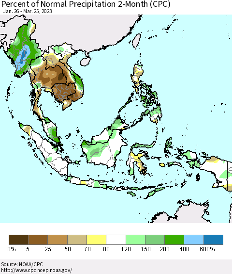 South East Asia Percent of Normal Precipitation 2-Month (CPC) Thematic Map For 1/26/2023 - 3/25/2023