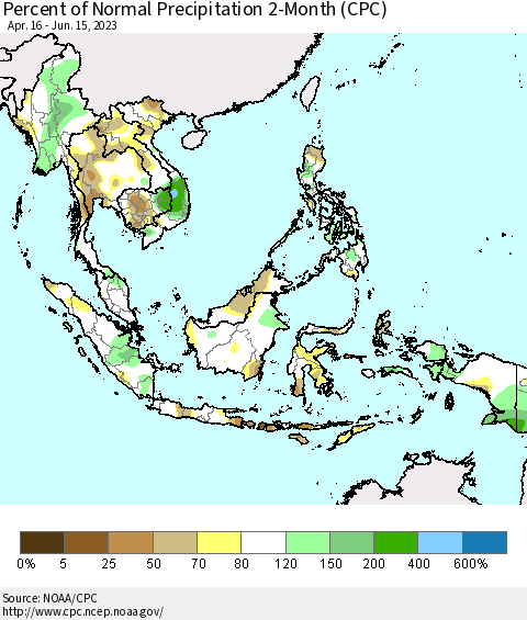 South East Asia Percent of Normal Precipitation 2-Month (CPC) Thematic Map For 4/16/2023 - 6/15/2023
