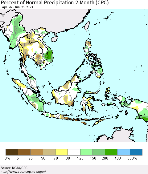 South East Asia Percent of Normal Precipitation 2-Month (CPC) Thematic Map For 4/26/2023 - 6/25/2023