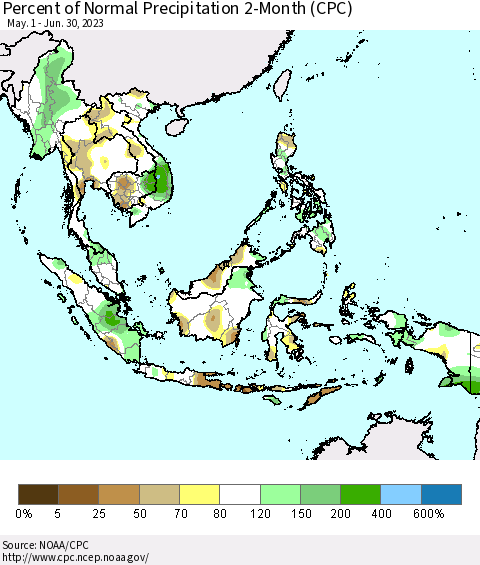 South East Asia Percent of Normal Precipitation 2-Month (CPC) Thematic Map For 5/1/2023 - 6/30/2023