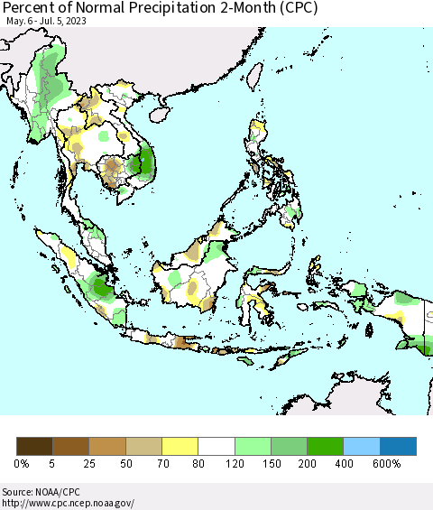 South East Asia Percent of Normal Precipitation 2-Month (CPC) Thematic Map For 5/6/2023 - 7/5/2023