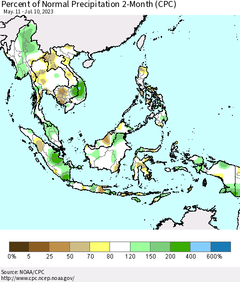 South East Asia Percent of Normal Precipitation 2-Month (CPC) Thematic Map For 5/11/2023 - 7/10/2023