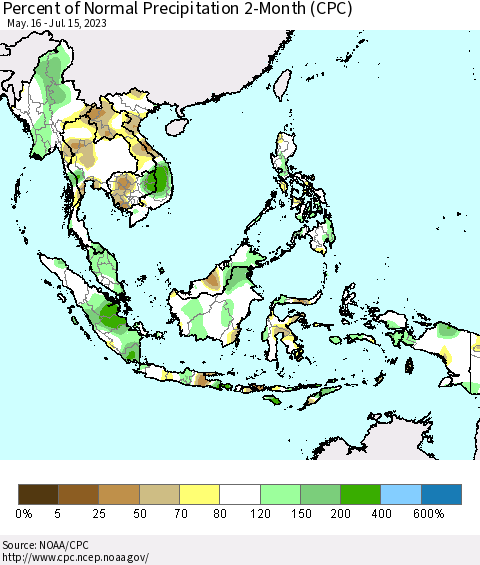 South East Asia Percent of Normal Precipitation 2-Month (CPC) Thematic Map For 5/16/2023 - 7/15/2023