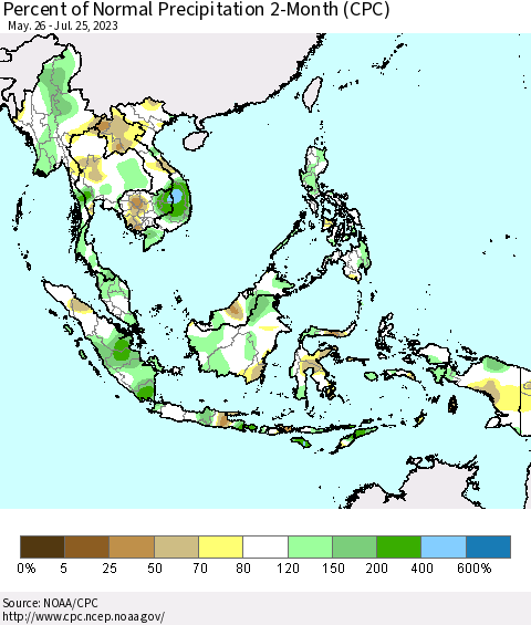 South East Asia Percent of Normal Precipitation 2-Month (CPC) Thematic Map For 5/26/2023 - 7/25/2023
