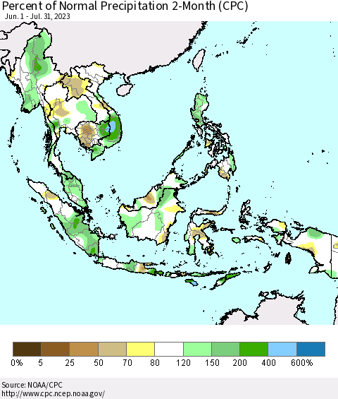 South East Asia Percent of Normal Precipitation 2-Month (CPC) Thematic Map For 6/1/2023 - 7/31/2023