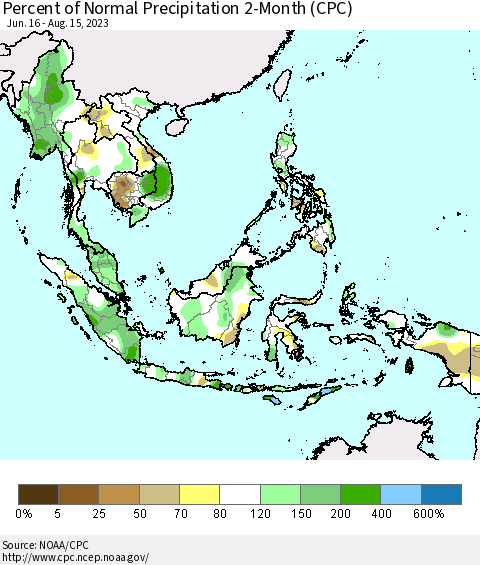 South East Asia Percent of Normal Precipitation 2-Month (CPC) Thematic Map For 6/16/2023 - 8/15/2023