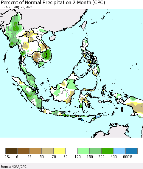 South East Asia Percent of Normal Precipitation 2-Month (CPC) Thematic Map For 6/21/2023 - 8/20/2023