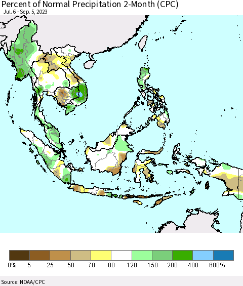 South East Asia Percent of Normal Precipitation 2-Month (CPC) Thematic Map For 7/6/2023 - 9/5/2023