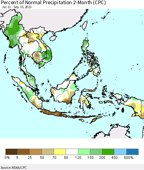 South East Asia Percent of Normal Precipitation 2-Month (CPC) Thematic Map For 7/11/2023 - 9/10/2023