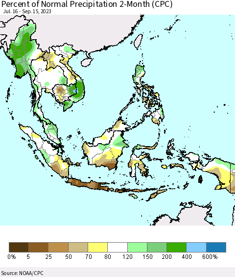 South East Asia Percent of Normal Precipitation 2-Month (CPC) Thematic Map For 7/16/2023 - 9/15/2023