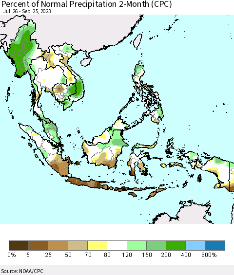 South East Asia Percent of Normal Precipitation 2-Month (CPC) Thematic Map For 7/26/2023 - 9/25/2023