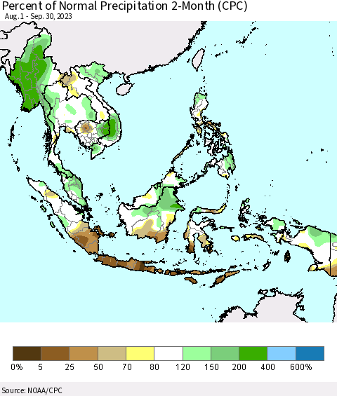 South East Asia Percent of Normal Precipitation 2-Month (CPC) Thematic Map For 8/1/2023 - 9/30/2023