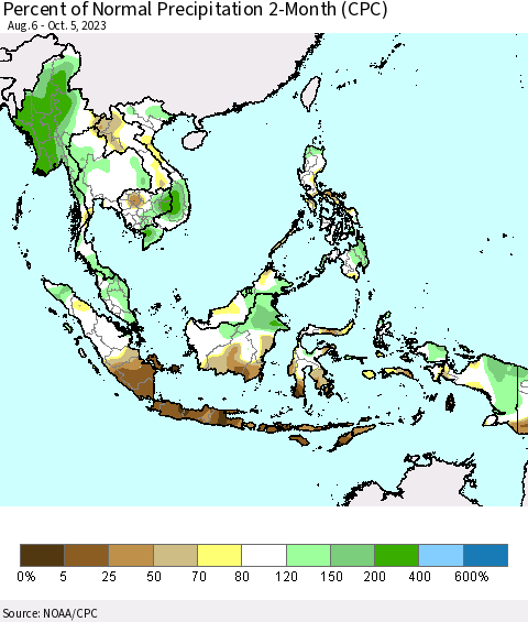 South East Asia Percent of Normal Precipitation 2-Month (CPC) Thematic Map For 8/6/2023 - 10/5/2023