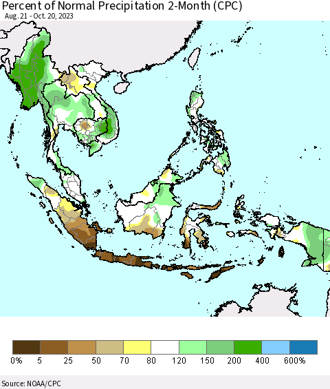 South East Asia Percent of Normal Precipitation 2-Month (CPC) Thematic Map For 8/21/2023 - 10/20/2023