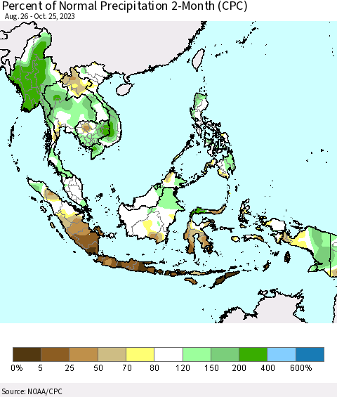South East Asia Percent of Normal Precipitation 2-Month (CPC) Thematic Map For 8/26/2023 - 10/25/2023